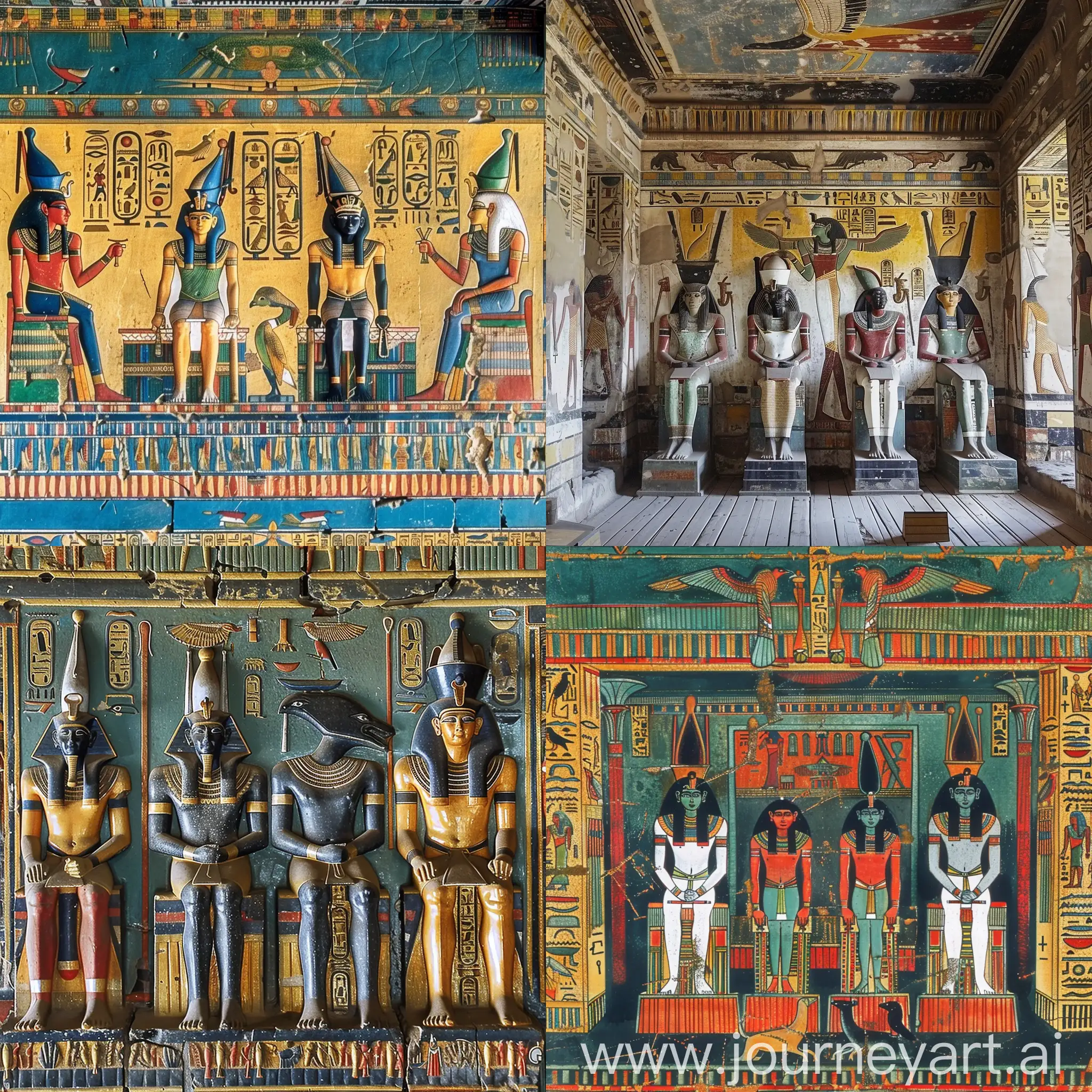 four Egyptian gods are sitting on their thrones,
two before, two behind,

the first one at left behind is God Shu,
the second one at left before is Goddess Tefnut,
the third one at right before is Goddess Nut,
the fourth one at right behind is God Geb,

they are all inside a splendid Egyptian temple,