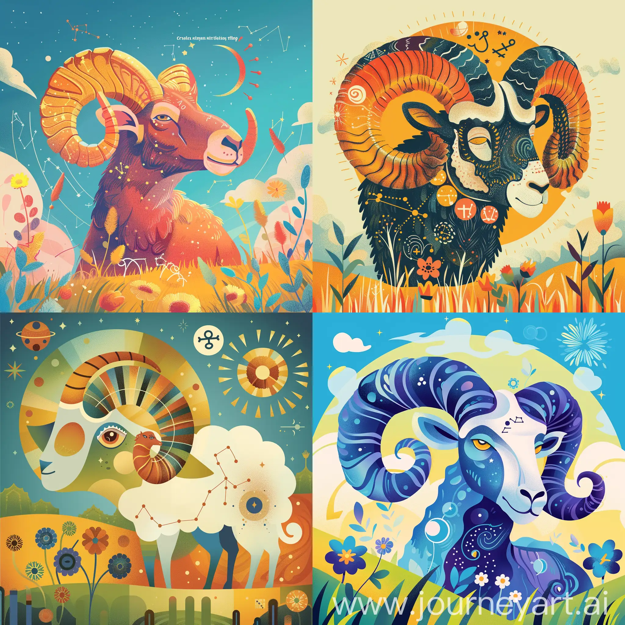 "Scorpio" The Ram in spring field create minimalistic, stylized illustration Focus the description on the unique traits and characteristics . For the illustrations, ensure they creatively embody the sign's essence, using elemental colors and subtly incorporating each sign's ruling planet or symbol. Design the backgrounds to reflect each sign's specific characteristics and element, adhering to a minimalistic style thatnminimalistic art style should aim to produce vivid, expressive, and thematic representations that resonate with the astrological themes."