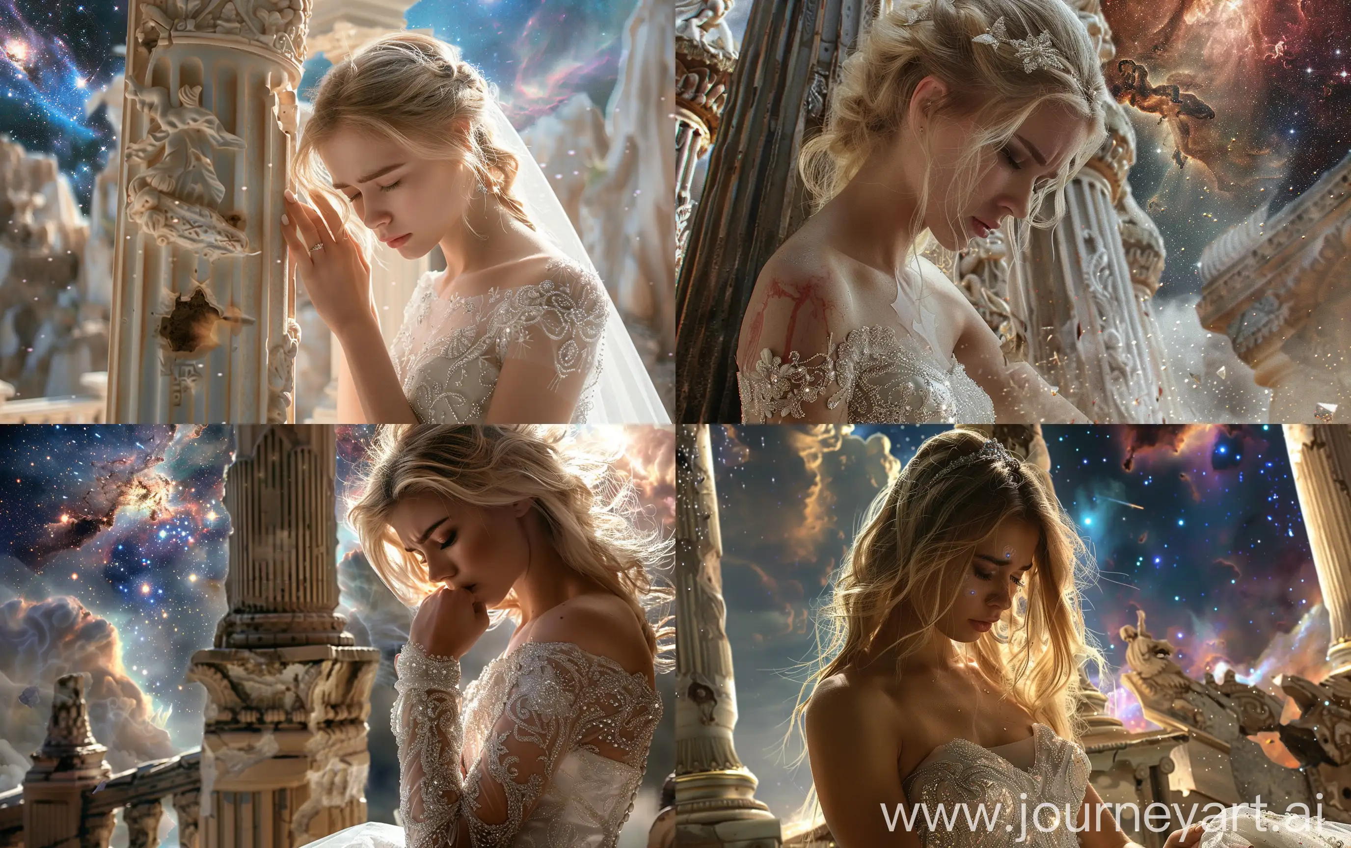Close up photo shot of an attractive blonde model in shining wedding dress who stays inside a large celestial gods temple, she is sad, mysterious architecture, particularly damaged columns, damaged altar, deep space in the sky with nebulas and supernova explosion, realistic --ar 16:10