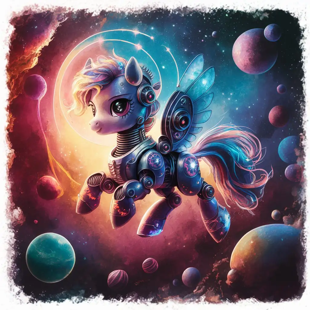 A painting of a teenage robotic pony, flying among the planets, watercolor, space paradise, detailed, Bruno Amadio style, G. Bragolin style