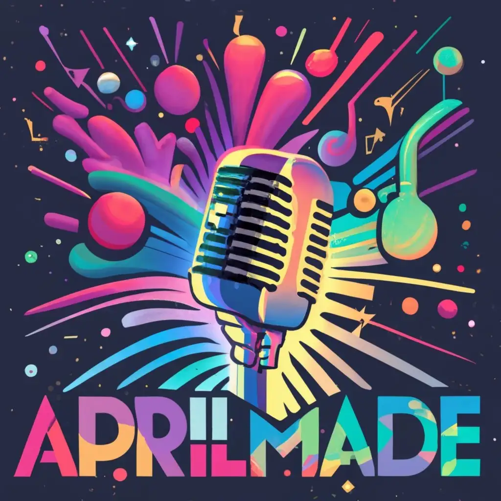 logo, A mic with nebula explosion, with the text "Aprilmade", typography, be used in Entertainment industry