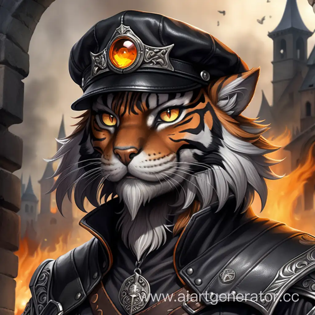 black tiger catfolk, black peaked cap, orange iris of the front eye, black leather beard, in the burning ruins medival fantasy city