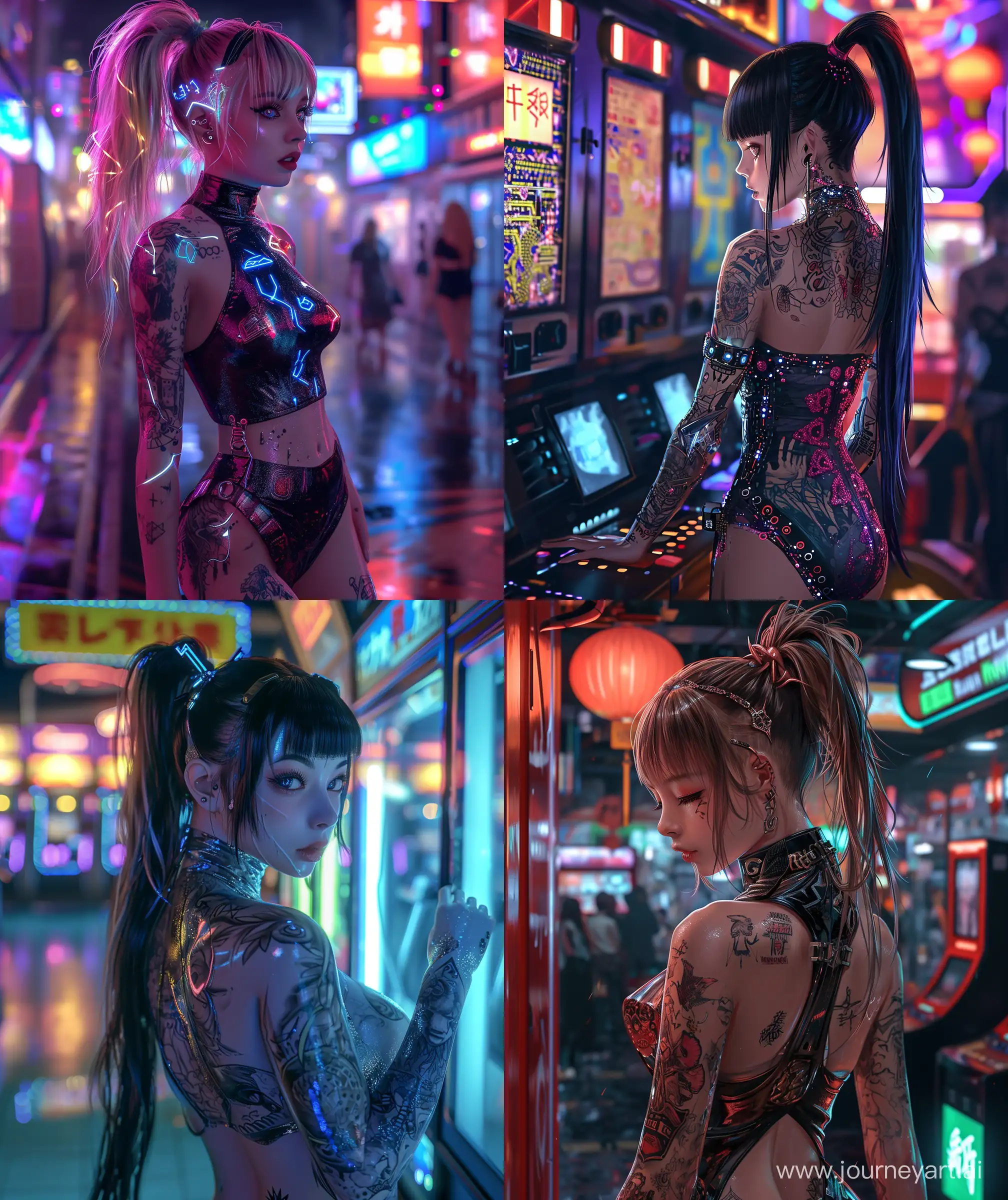 Anime style girl, beautiful cyberpunk dress, pony tail, aesthetic, arcade, lumination lighting, glossy body, tattoo body, upper body shot, --ar 27:32 --v 6