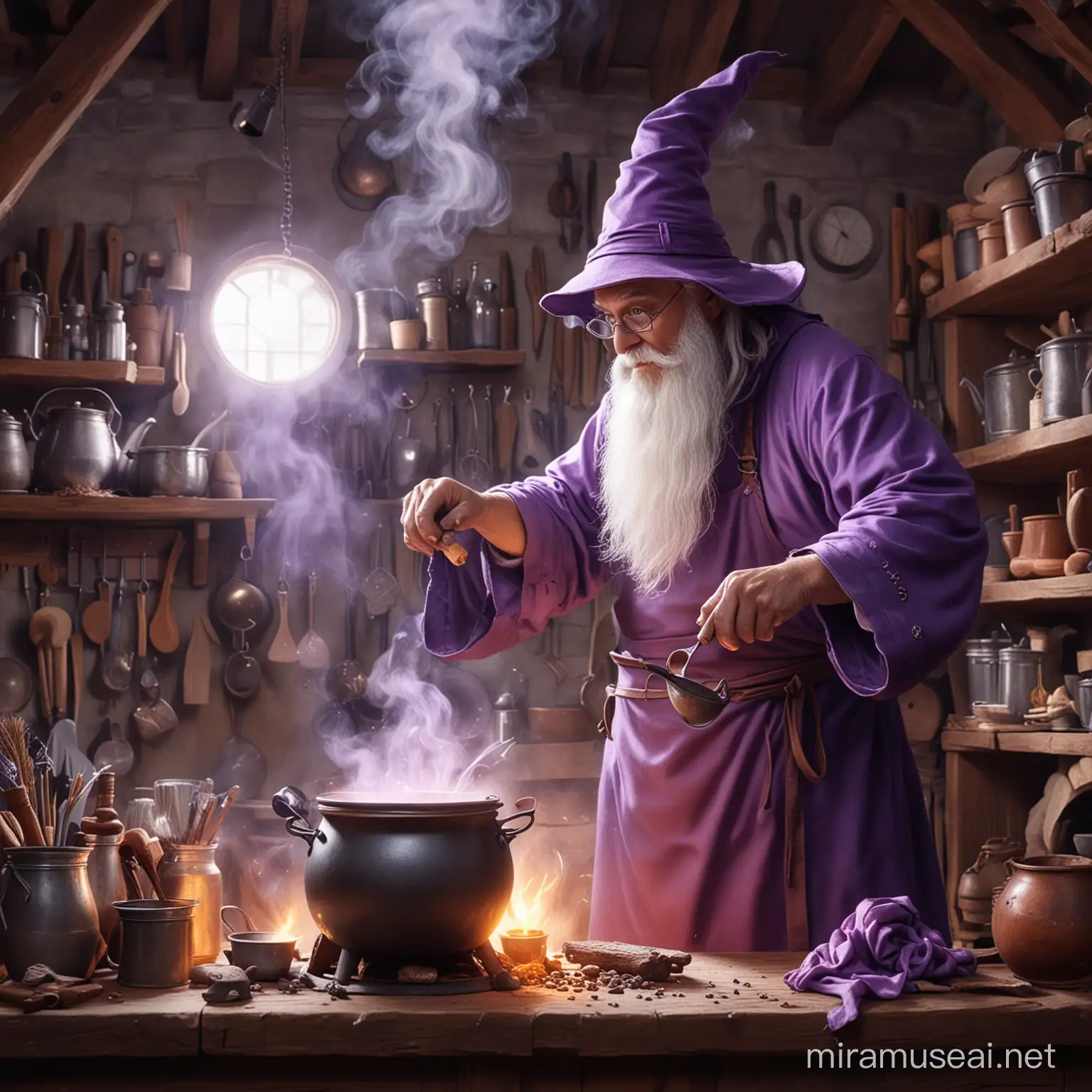 wizzard coocking in kettle in his workshop. make image drawn. light purple color theme.