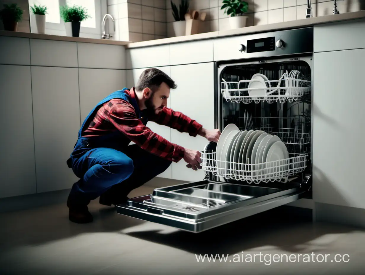 сантехник подключает посудомоечную машину на кухне, фото в киноматографическом стиле
