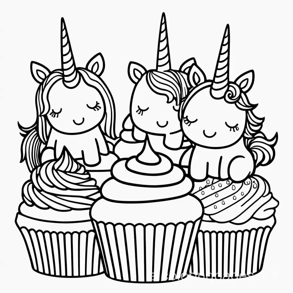 unicorns and cupcakes, Coloring Page, black and white, line art, white background, Simplicity, Ample White Space. The background of the coloring page is plain white to make it easy for young children to color within the lines. The outlines of all the subjects are easy to distinguish, making it simple for kids to color without too much difficulty