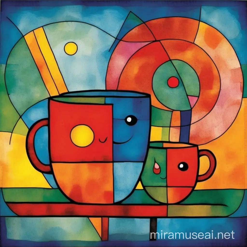 Male ein buntes Bild im Stile von Paul Klee. 2 Tassen Kaffee