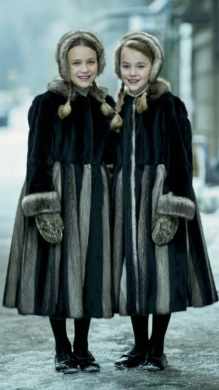 Two sisters around 12 years old proudly wearing the new black and silver fox  fur coats they received for Christmas. Matching fur bonnets and fur mittens. Long coat. Old fashioned style. 1990s era.
