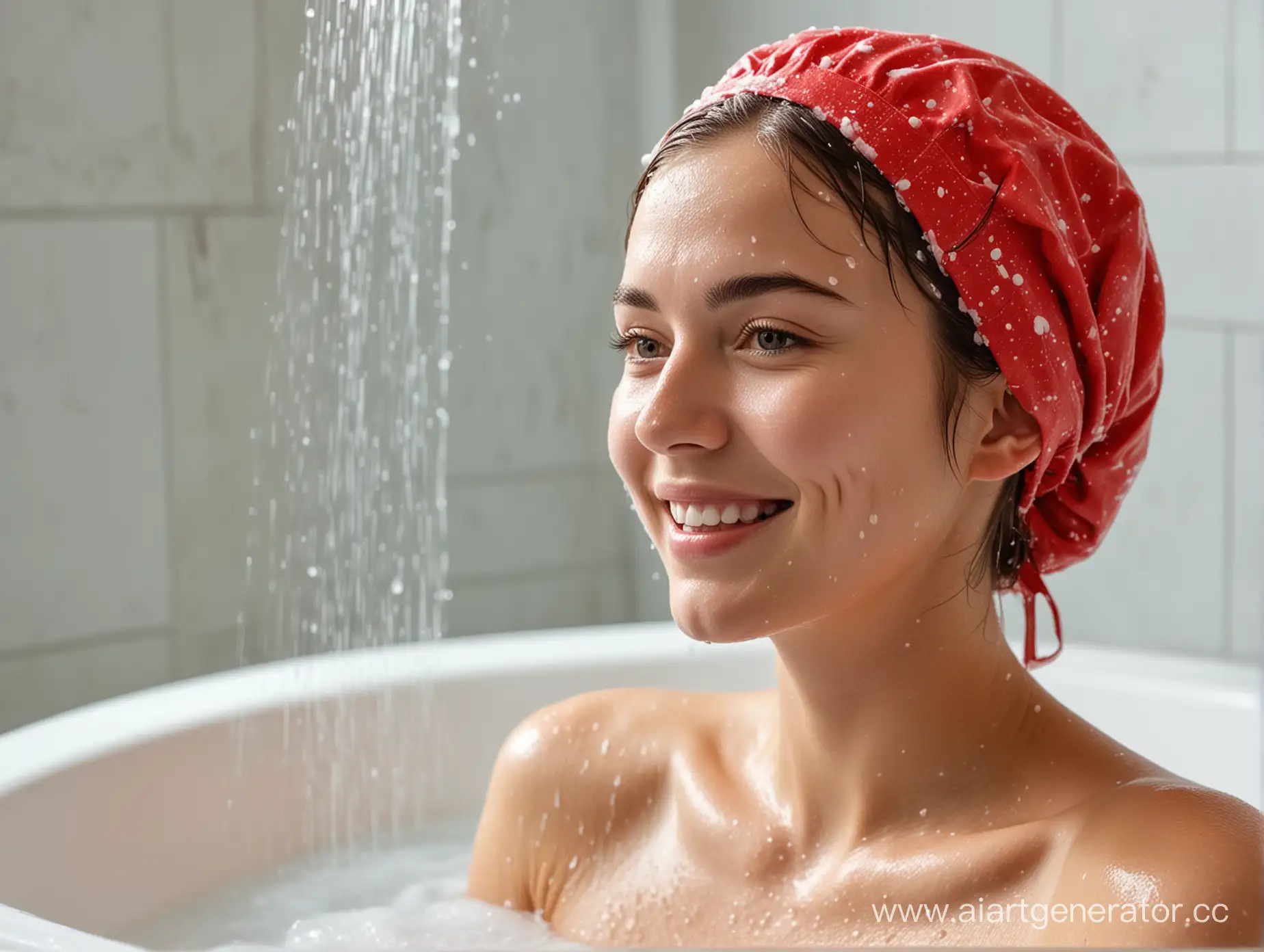 Joyful-Girl-Showering-in-Acrylic-Bath-with-Foam-and-Shower-Cap