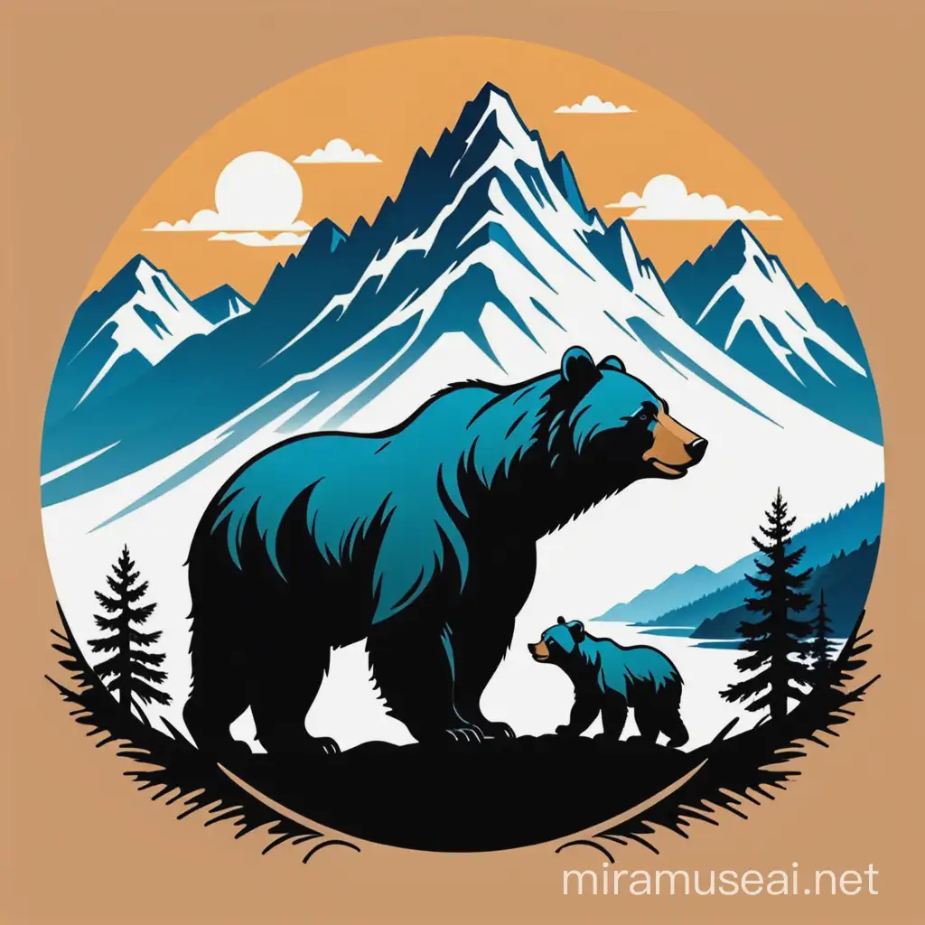 stencil logo of a strong mama bear standing over her cub with mountains