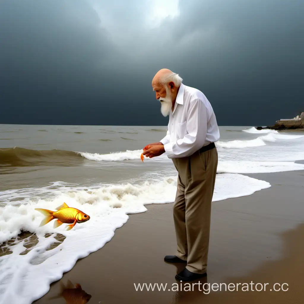 Elderly-Man-Reverently-Worships-Majestic-Golden-Fish-by-the-Seashore
