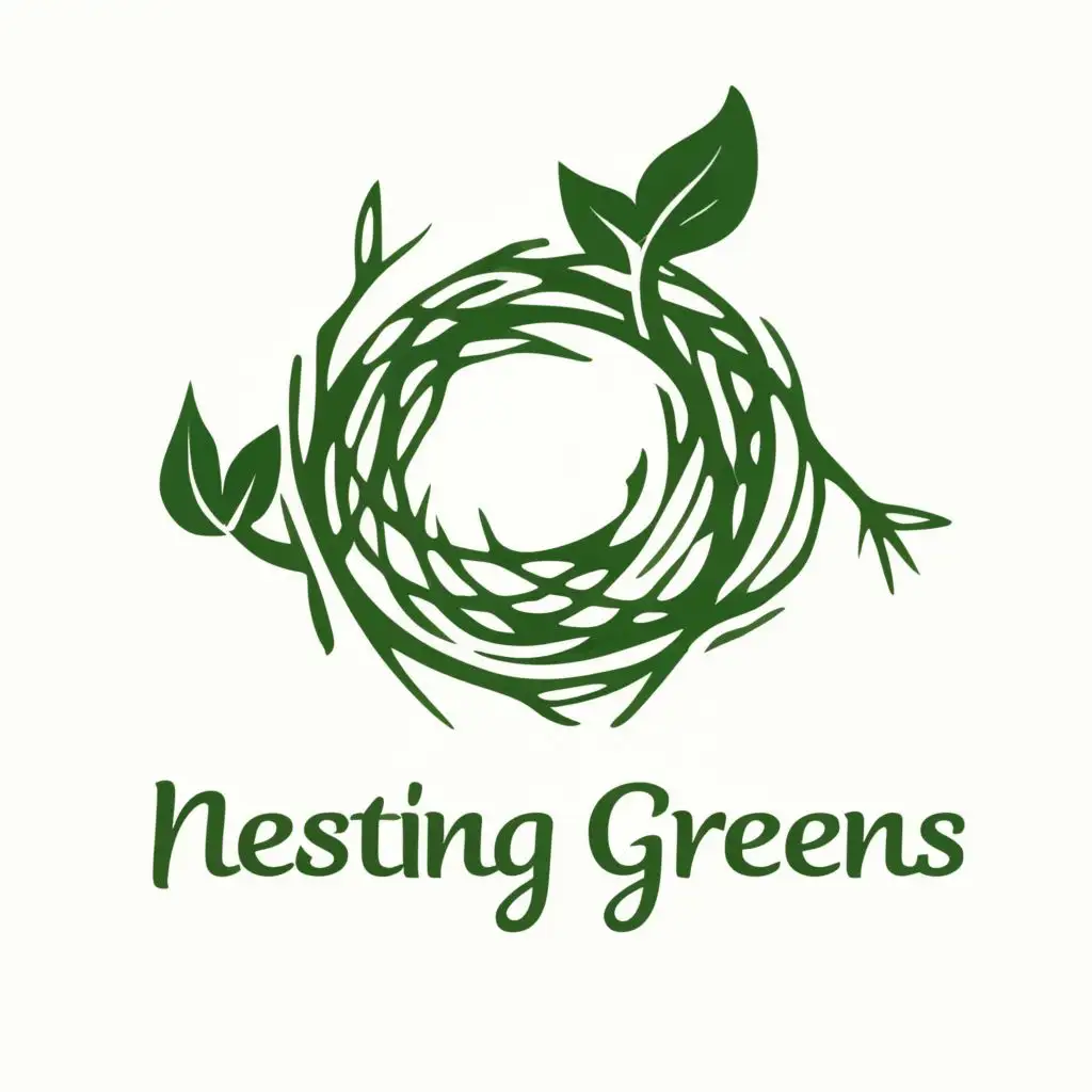 logo, nest with green leaves, with the text "nesting greens", typography