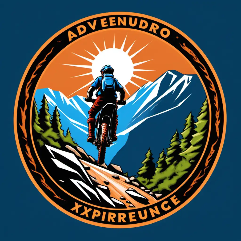 I would like a round logo with the main focus on "Advenduro". Please depict in the circle a rider on a rally motorbike climbing a mountain dirt trail with some rocks. The rider should be in an action pose, navigating the challenging terain. The background should feature a mountain trail with trees at some parts. I prefer clear blue sky with maybe the sun or a bird far back. Please use a bold font   for "Advenduro" . At the bottom include "Hellas trail experience" using small lettering. The overall color palette should include black, blue, red, orange, green,brown and yellow. I envision a realistic style that conveys an adventurous and rugged mood. Thank you!