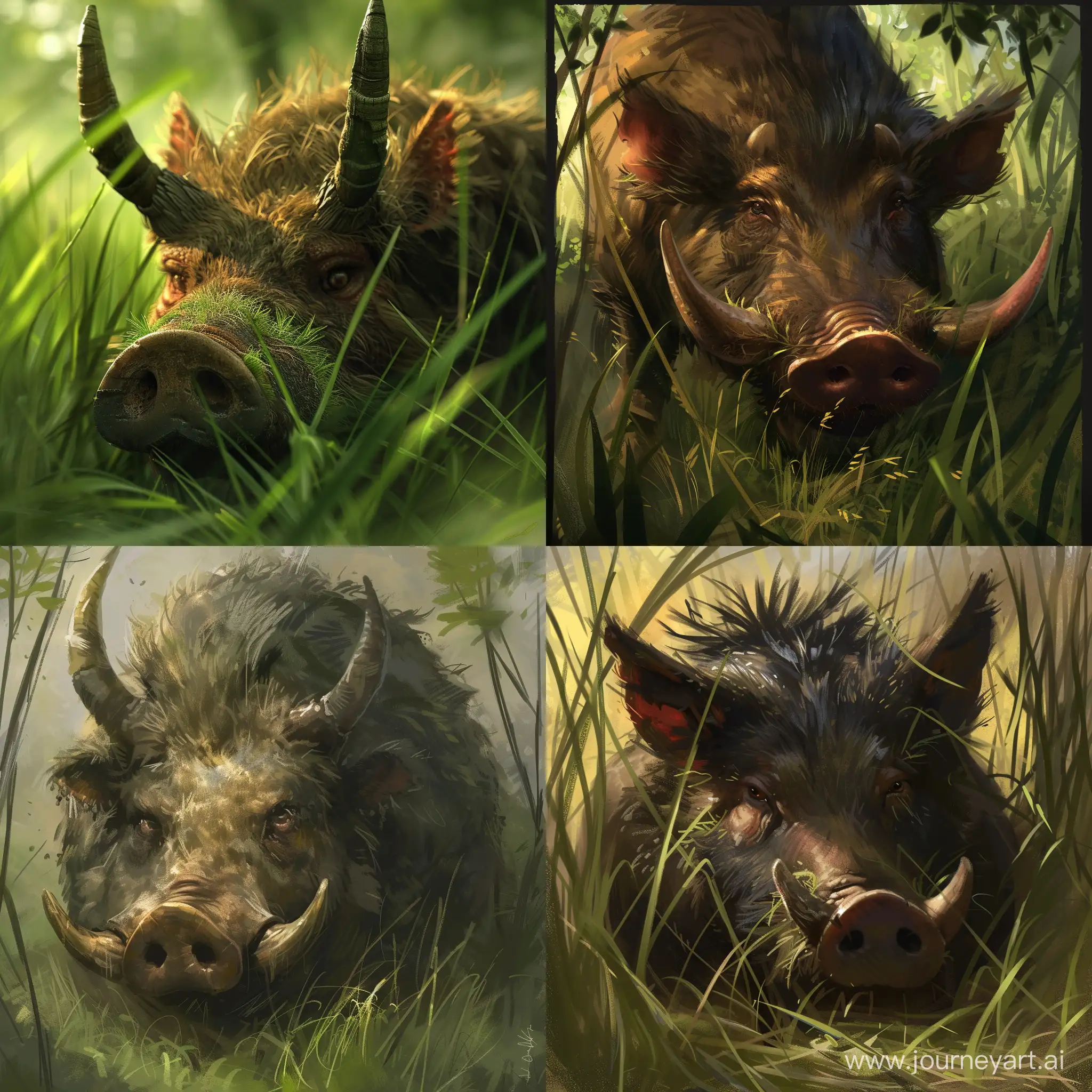 царь-рог, фантастическое животное, травоядное, рог на носу, роги на голове, прячется в траве, размером с кабана, без шерсти
