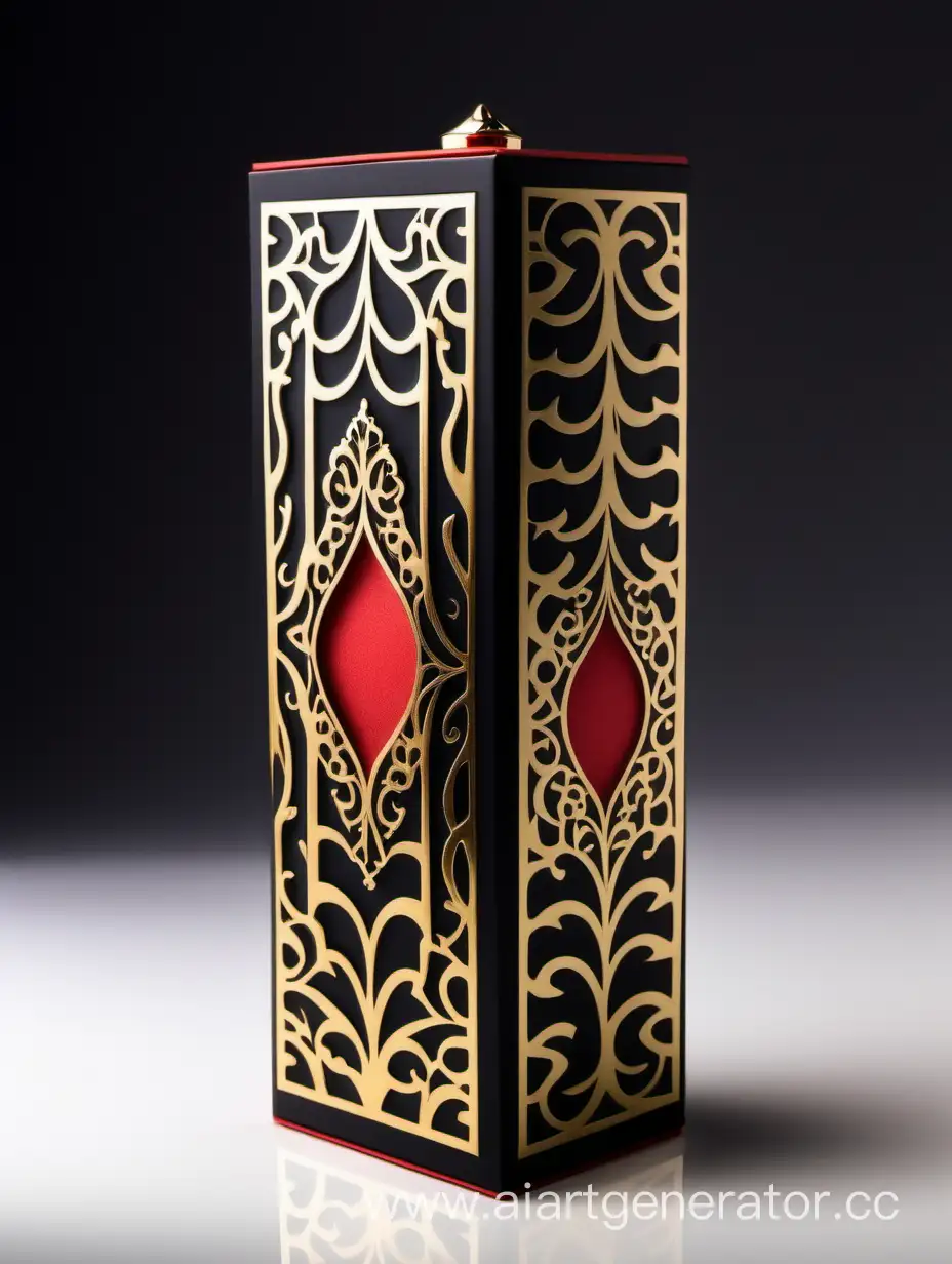 dark matt black and gold Red luxury perfume rectangle vertical box 75% lines with arabesque pattern on white background