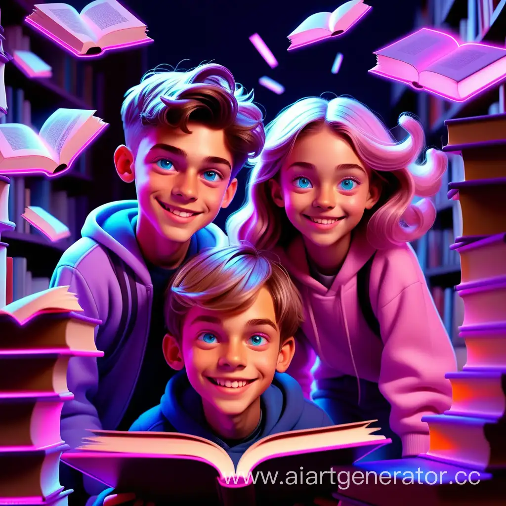Teenage-Boy-and-Girl-Amidst-Flying-Books-in-LilacPink-Neon-Glow