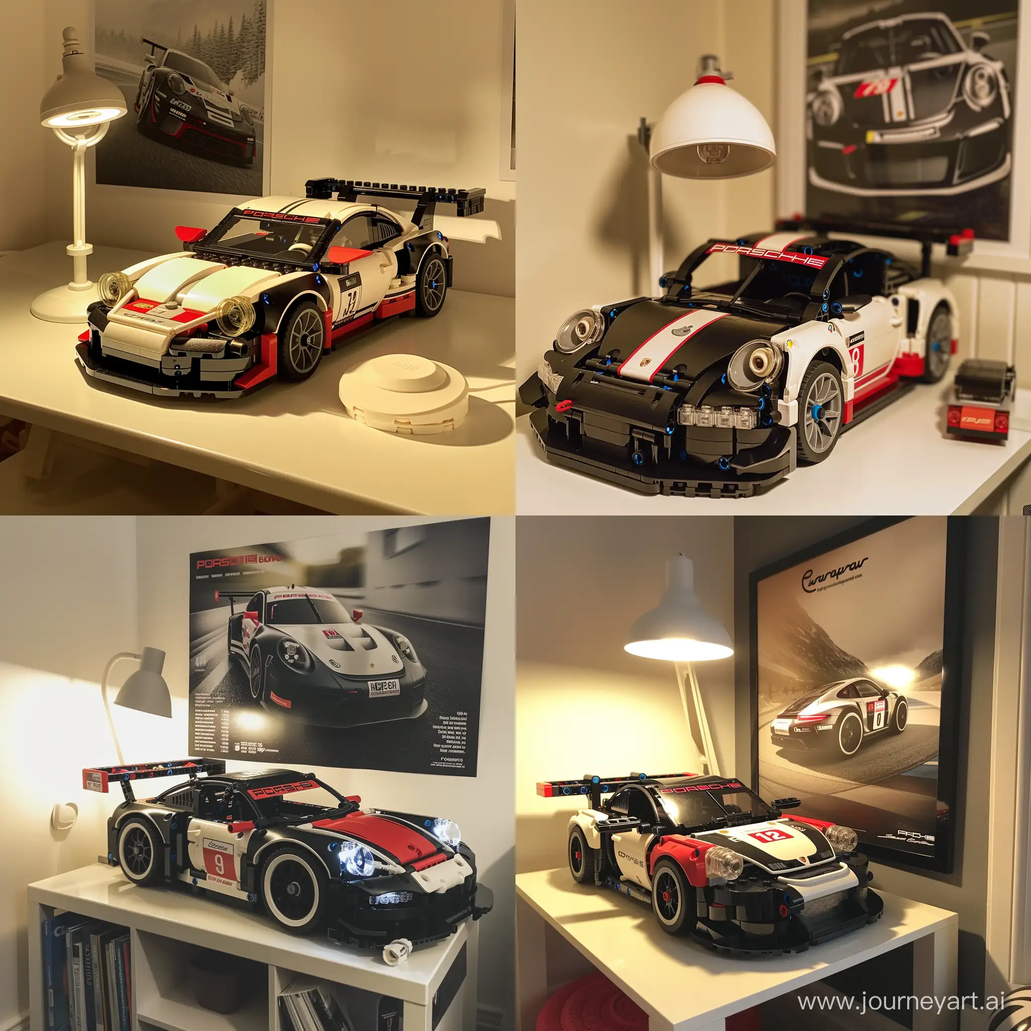detailed like real Lego Porsche 911 RSR black white and red is staying under lamp at corner so very detailed beautiful room is visible, full corner with poster of Porshe, white table