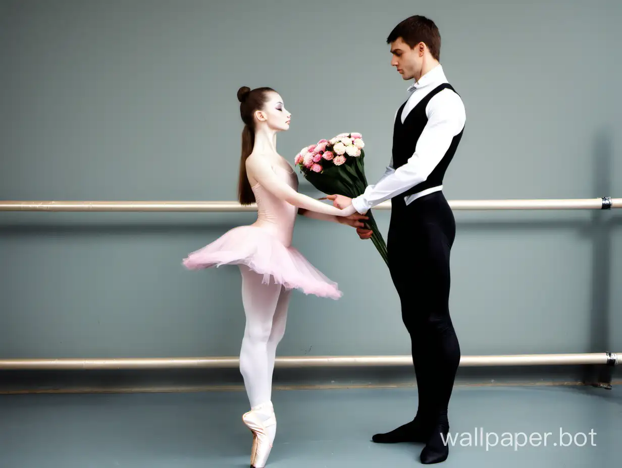 ballet beautiful girl, next to her stands an ordinary guy not a dancer giving flowers to the girl