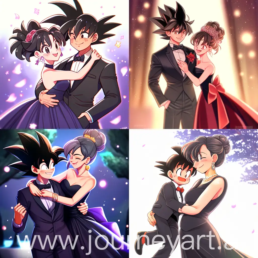 Anime character Chi-Chi in a black evening dress and makeup and Son Goku in a tuxedo smiling and hugging Chi-Chi. full growth