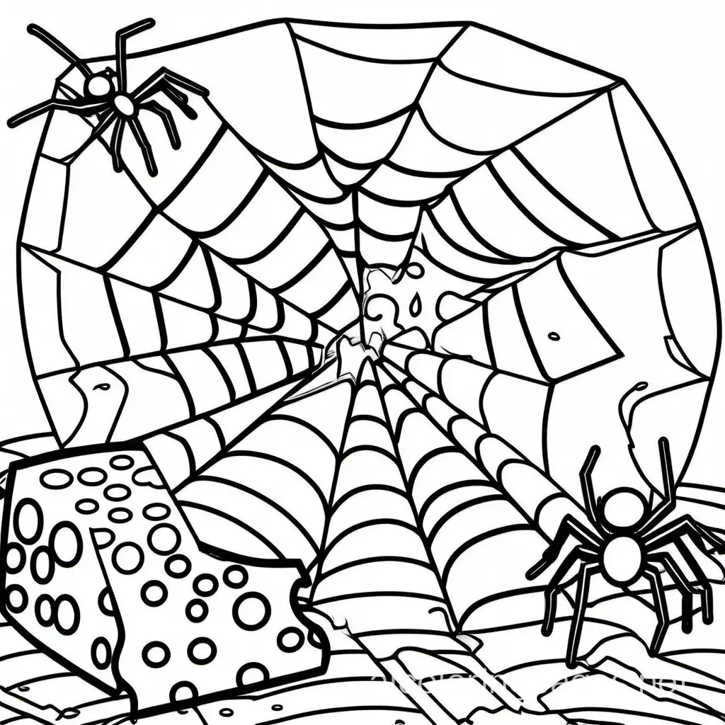 spiders eating cheese and getting into the cheese

, Coloring Page, black and white, line art, white background, Simplicity, Ample White Space. The background of the coloring page is plain white to make it easy for young children to color within the lines. The outlines of all the subjects are easy to distinguish, making it simple for kids to color without too much difficulty