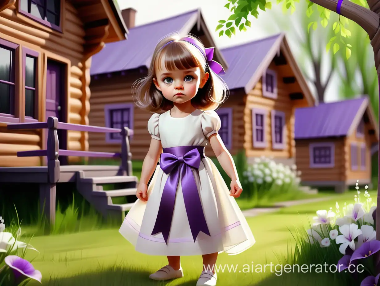 Charming-Little-Girl-in-Elegant-Business-Dress-amid-Idyllic-Wooden-Village