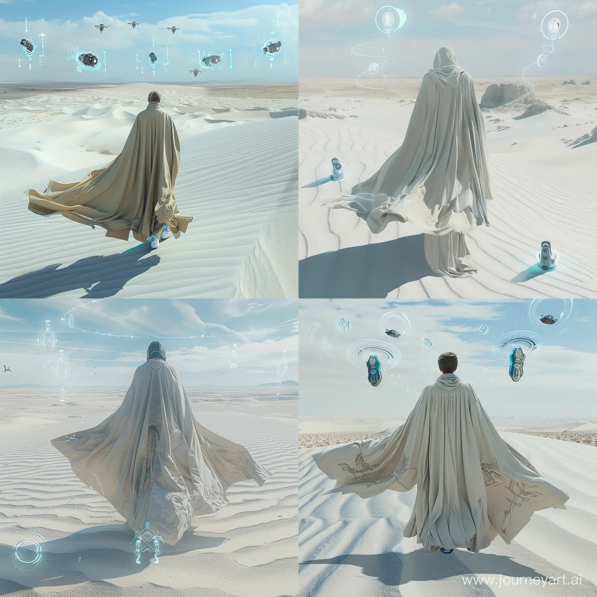 "Describe a vast desert with white sand that stretches without limits, in the middle of which stands a human wearing a long robe that flutters with the desert wind. However, what is different is the advanced technology tucked inside, for example, flying shoes, a cloak that equipped with smart sensors, and holographic devices floating around it. Tell us how this desert became the backdrop for future technological exploration."