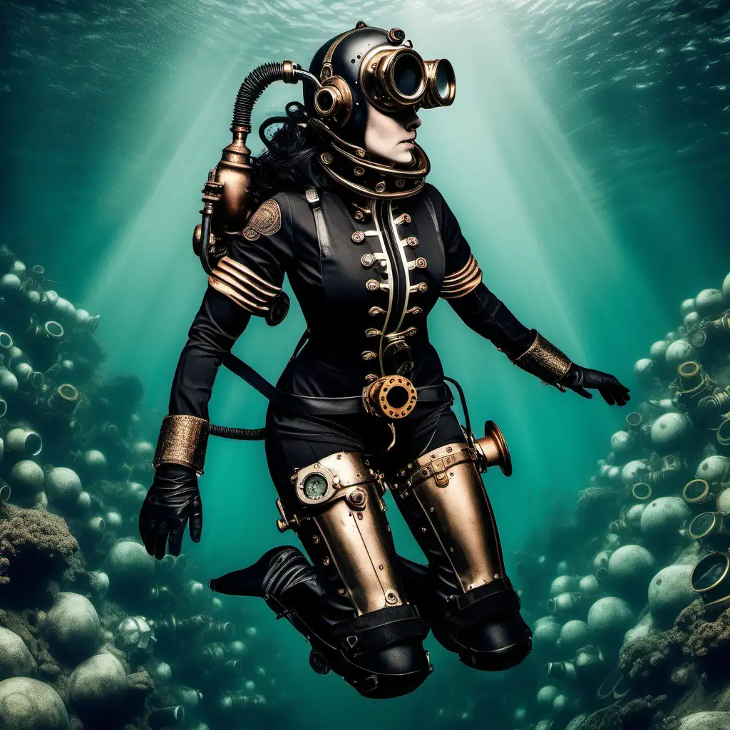 A 30 year old, steampunk victorian lady, black haired, diving under the submerged sea of Europa wearing steampunk diving suit and helmet