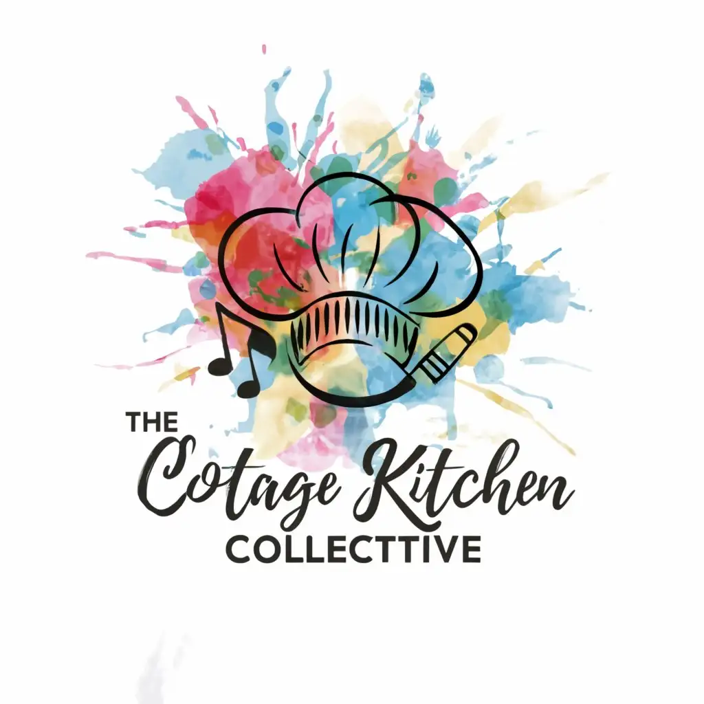 a logo design,with the text "Cottage Kitchen Collective", main symbol:main symbols: chef hat, music+cooking utensils,complex,whimsical,colorful,water colors,main color:marseille blue,be used in Restaurant industry,clear background,complex,be used in Restaurant industry,clear background