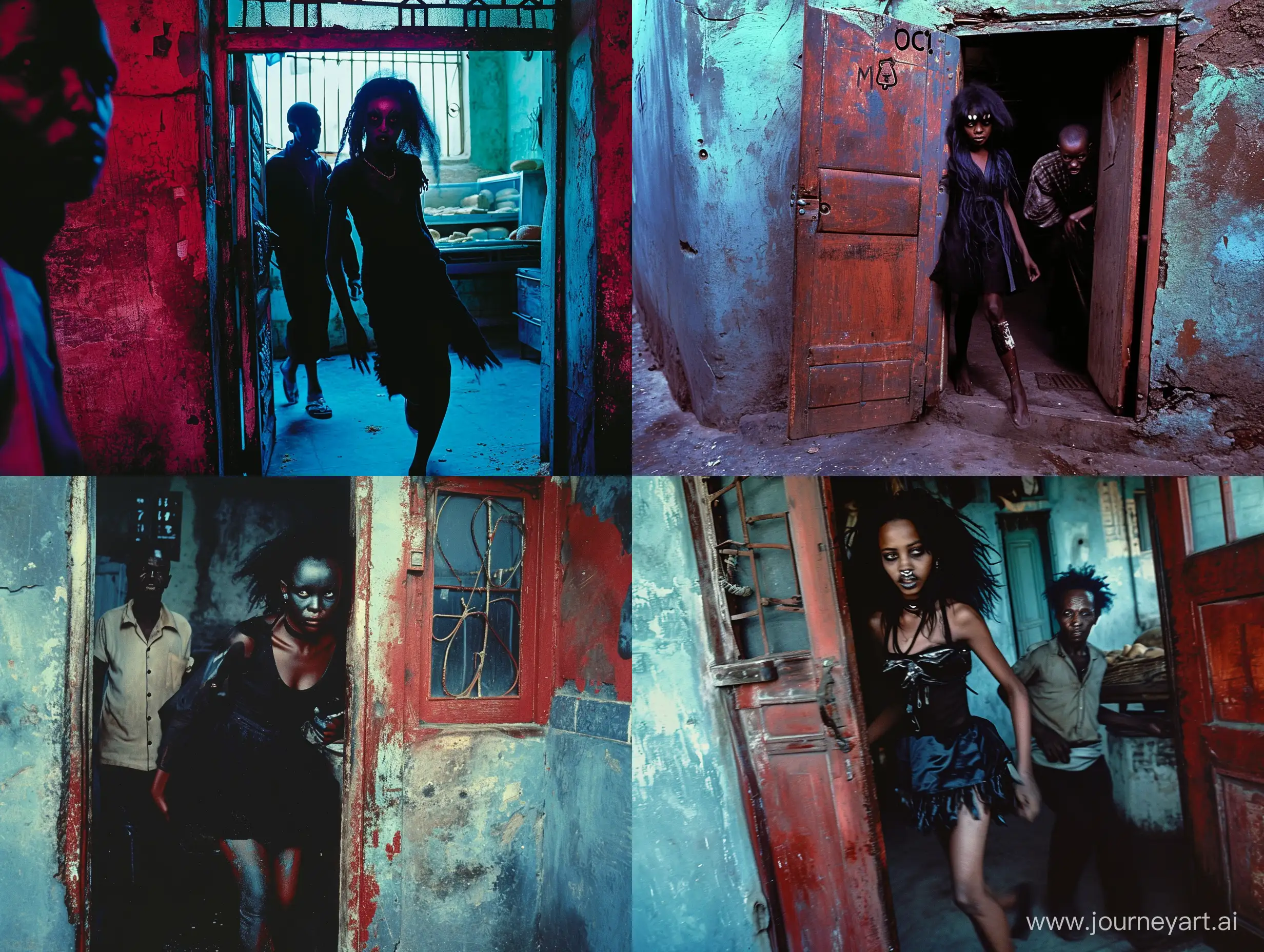 A photo taken in 1998 that shows an Ethiopian goth girl going to the bakery to buy bread for her hungry mother, she is walking through the door in slow motion, very confident of herself and the baker is looking at her with acute fear. The quality of the scene is clearly grainy and has intense tones of red and blue. The camera angle is a little smaller.
