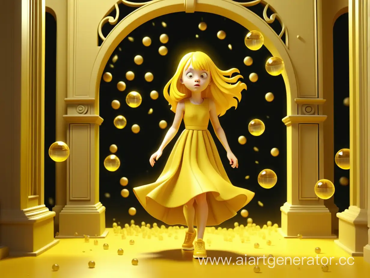 На жёлтом фоне девушка с жёлтыми волосами жёлтым платьем и жёлтыми туфлями стоит под воротами золотых  кристальными шариков которые падают на пол
3д анимация