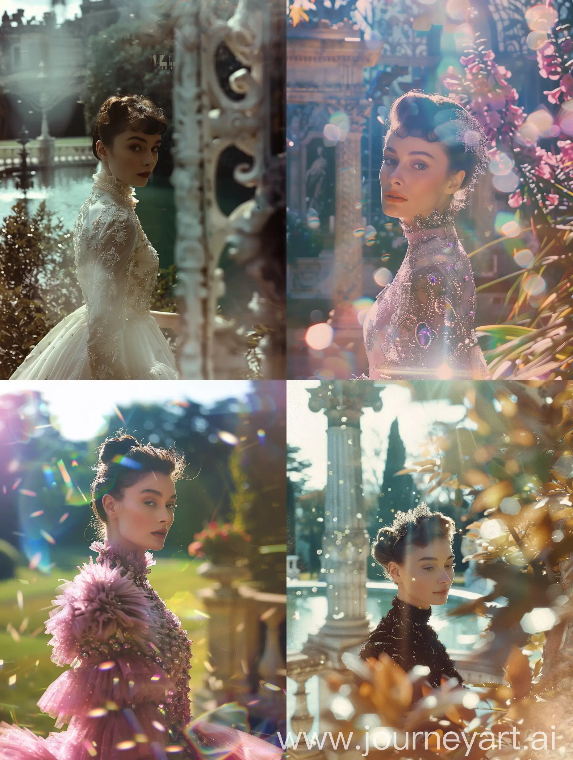 - Audrey Hepburn x Prada
- Environment: Palace
- Background: Garden Palace
- Style: Rich
- Photography Type: Y2K - Dynamic Movement
- Theme: Soft Rich and Jewerly
- Visual Filters: Fashion Film Look-Up Table (LUT)
- Camera Effects: Camera Blur, Camera Haze
- Resolution: High
