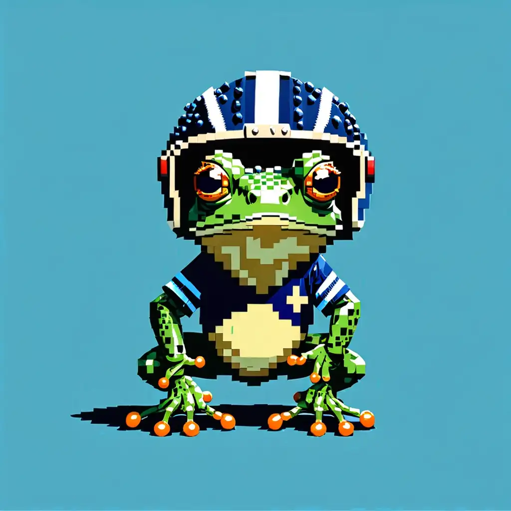 Пиксел малка жаба с ръгби каска на син фон
