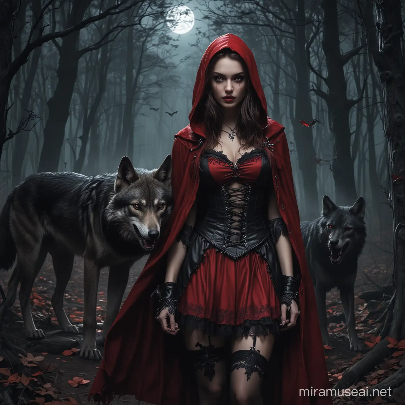 Gothic dark. Cappuccetto Rosso  è sexy. Si trova in un bosco di notte, c'è un lupo,  ci sono teschi e pipistrelli.
