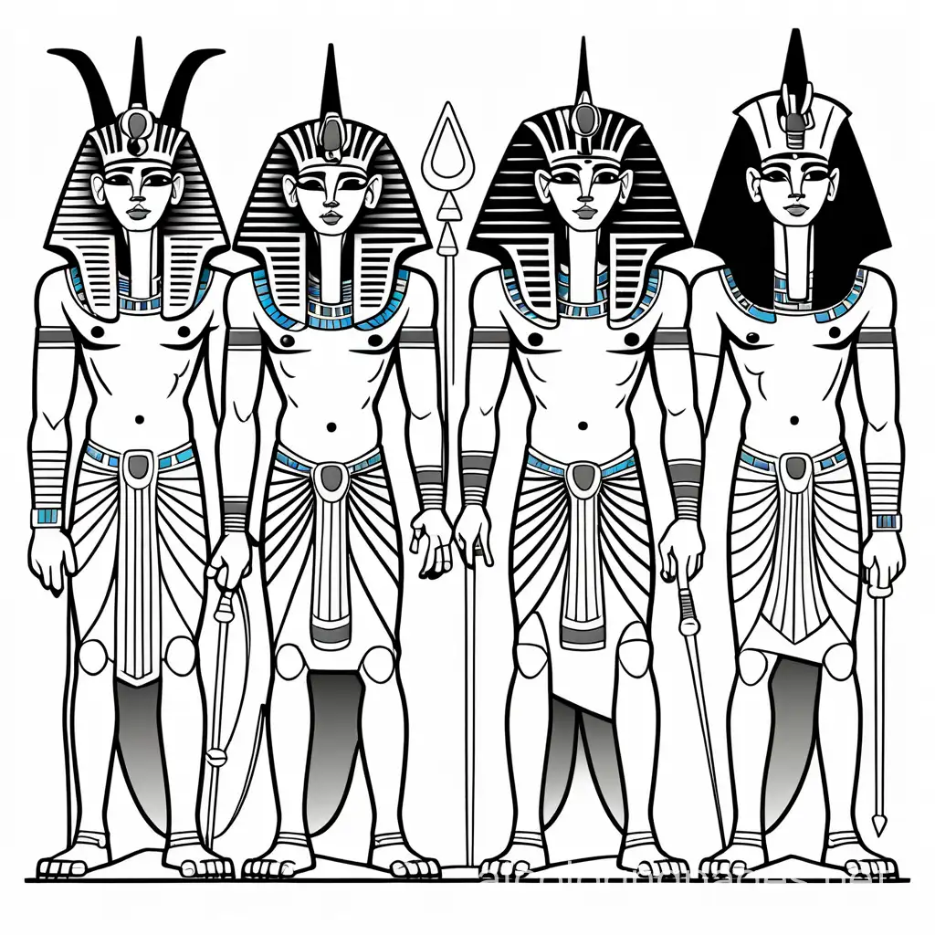 Ancient Egyptian gods, Coloring Page, black and white, line art, white background, Simplicity, Ample White Space. The background of the coloring page is plain white to make it easy for young children to color within the lines. The outlines of all the subjects are easy to distinguish, making it simple for kids to color without too much difficulty