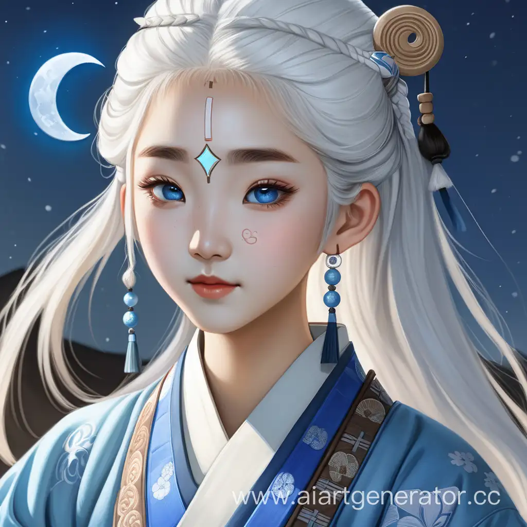 Девушка азиатской внешностью,с белыми волосами голубыми глазами ,на лбу можно увидеть полу месяц,на ней корейская традиционная одежда 