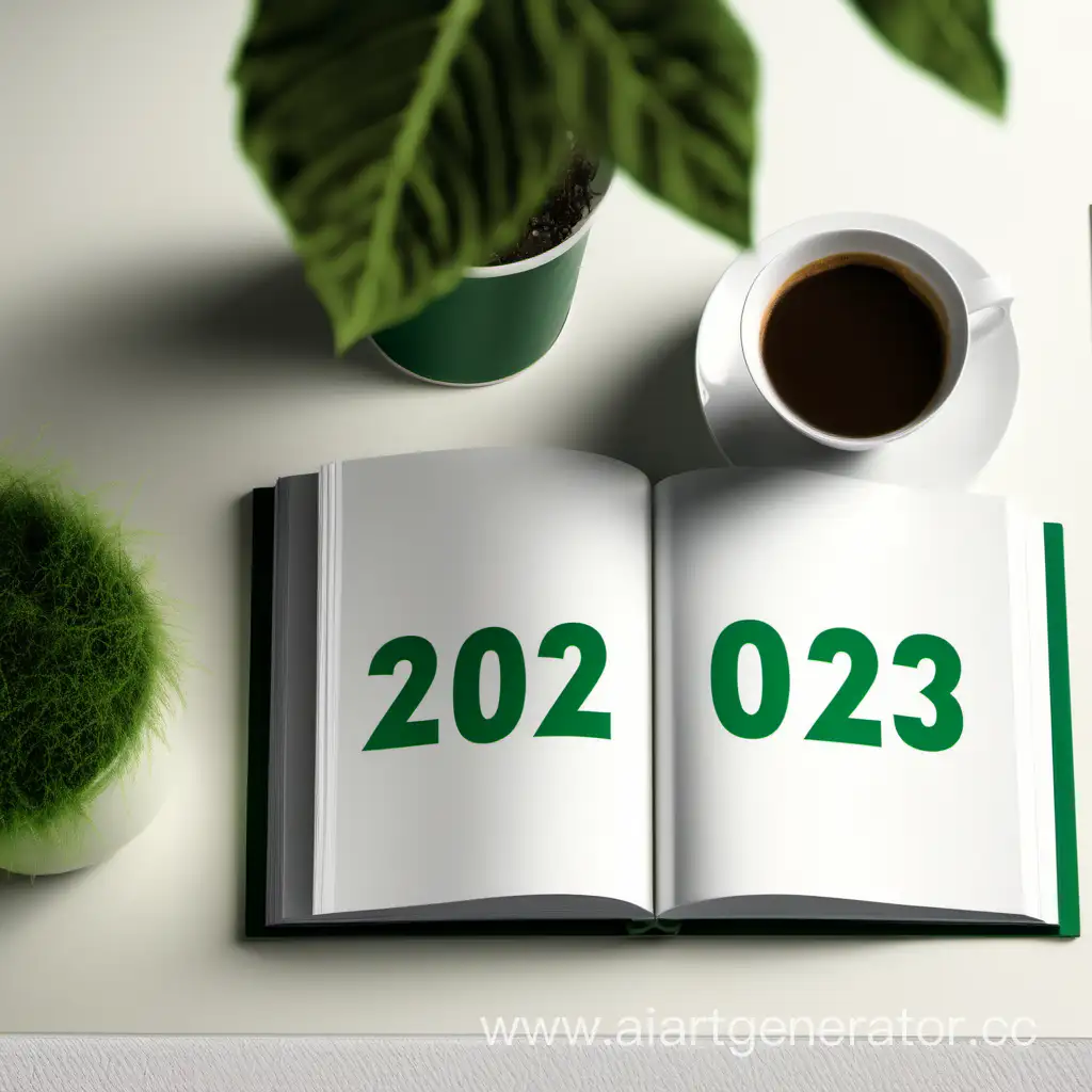 a green book with the inscription 2023 on a white coffee table. There's a cup of coffee next to it