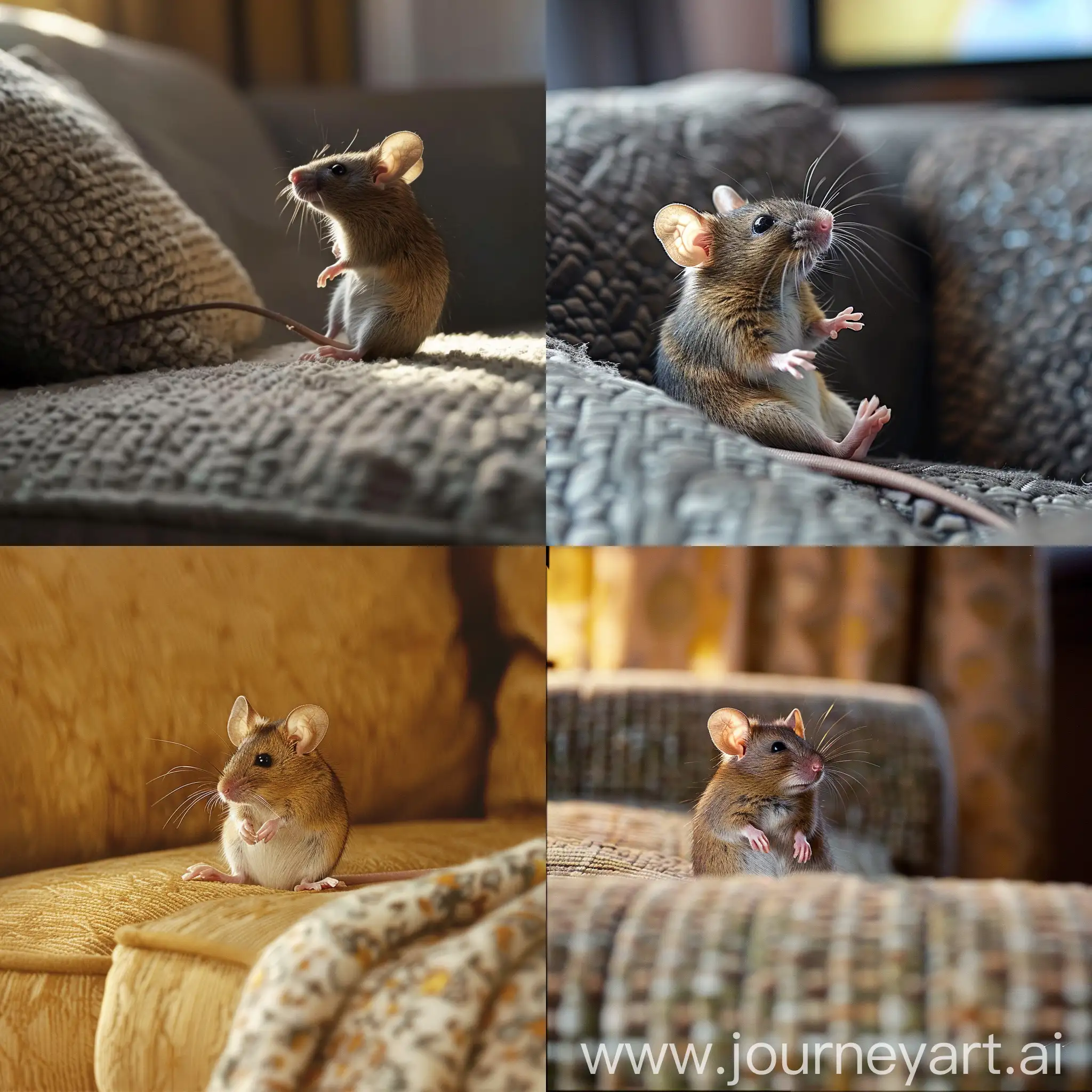 A mouse is sitting on the sofa at home and watching TV