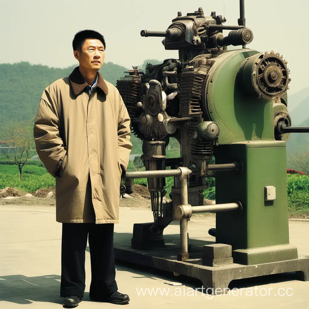 Chinese-Man-Contemplating-Next-to-Machinery