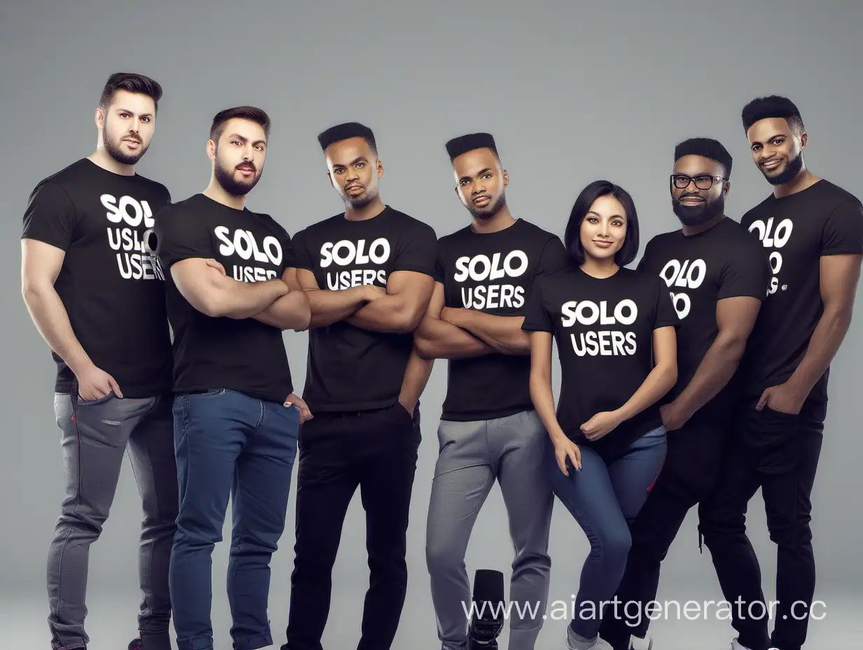 Команда профессиональных игроков, на футболках написано "Solo Users", очень крутые, стоят позируют на фото