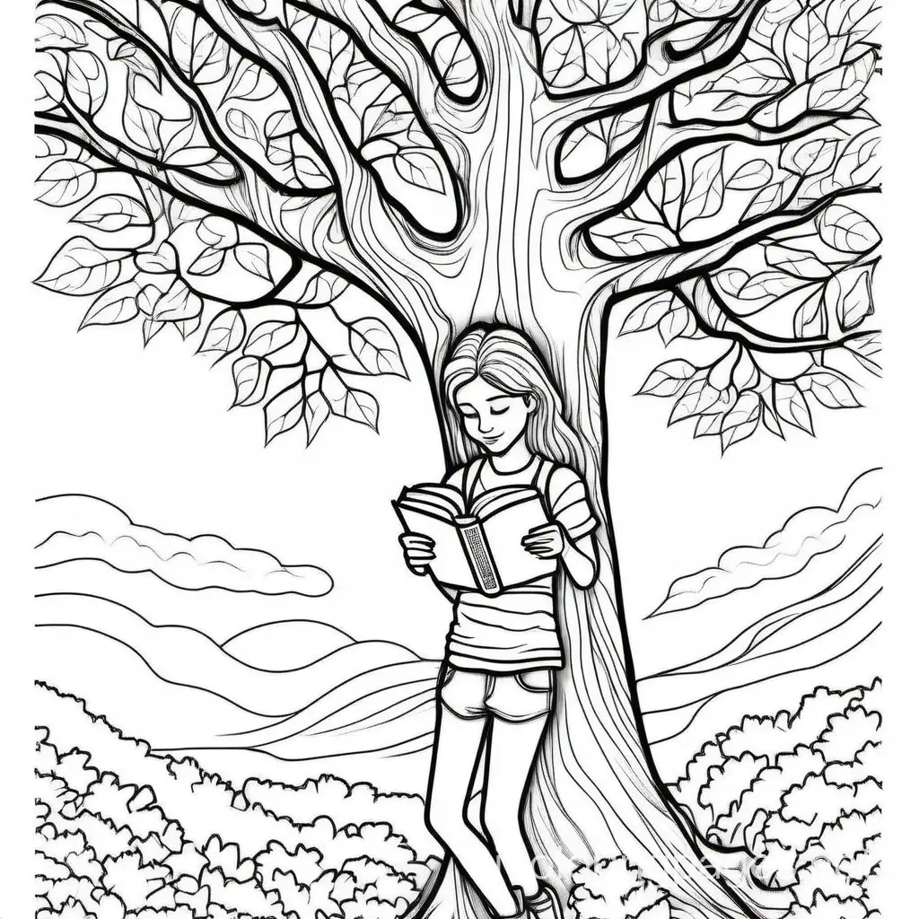 book mark coloring for teens simple a teen girl in a tree rading with instarational words, Coloring Page, black and white, line art, white background, Simplicity, Ample White Space. The background of the coloring page is plain white to make it easy for young children to color within the lines. The outlines of all the subjects are easy to distinguish, making it simple for kids to color without too much difficulty