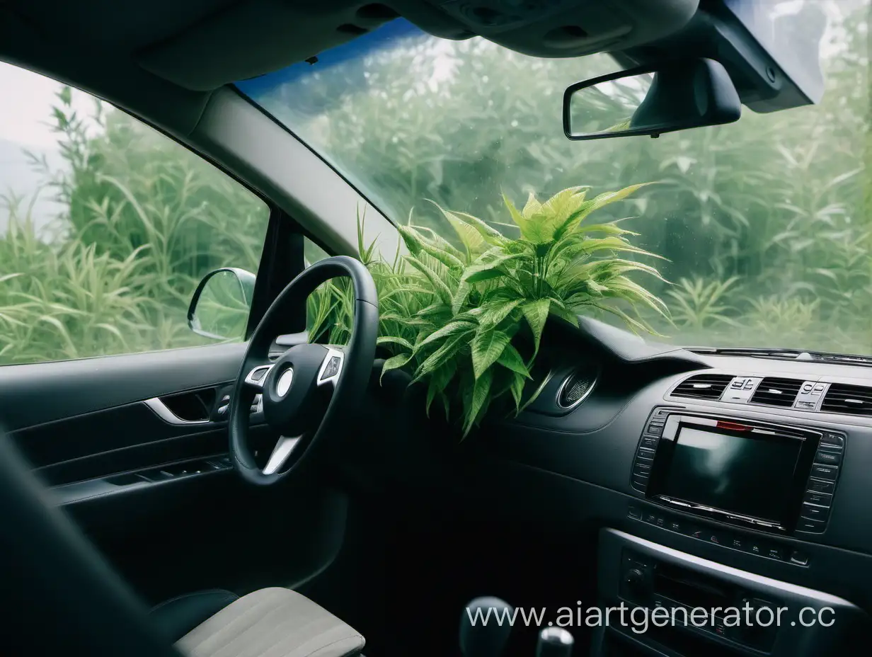 a lot of plants grow in the car interior, fresh fragrance in the air. view of the car interior from afar