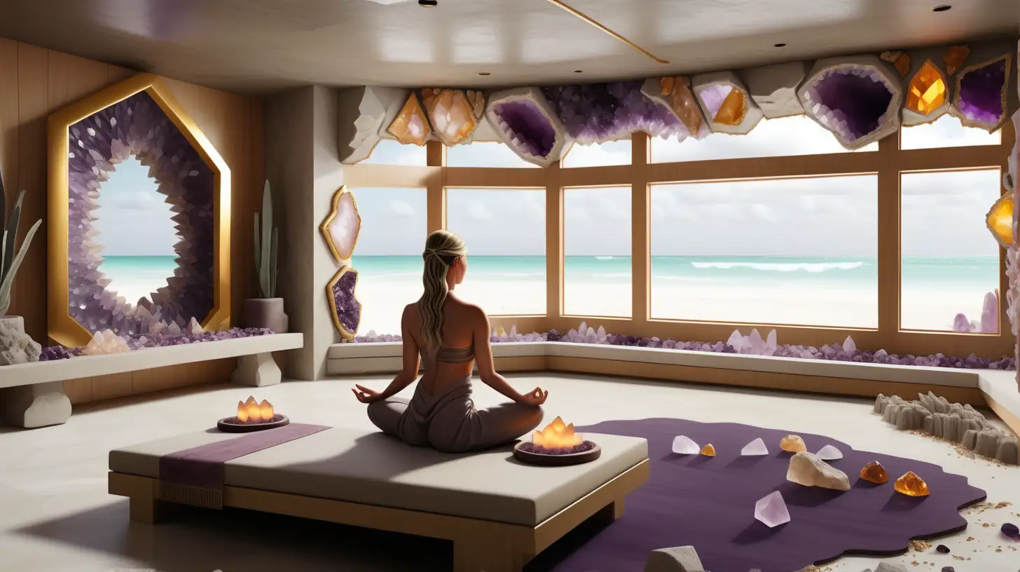 Create a luxury high-end treatment room with wood trim and concrete accents; the room is full of large amethyst, citrine, quartz, and geode crystals; the backdrop is Tulum beach, and the photos are realistic; a man and 2 women are meditating and facing the window.