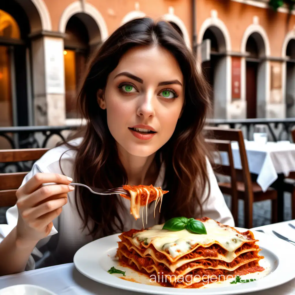 A realistic image of a brunette lady with green eyes eating a lasagna at a restaurant in Rome