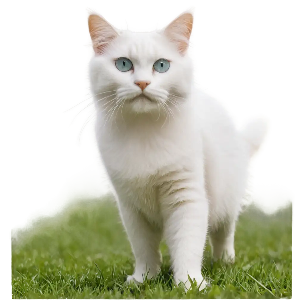 Белый кот на траве в саду