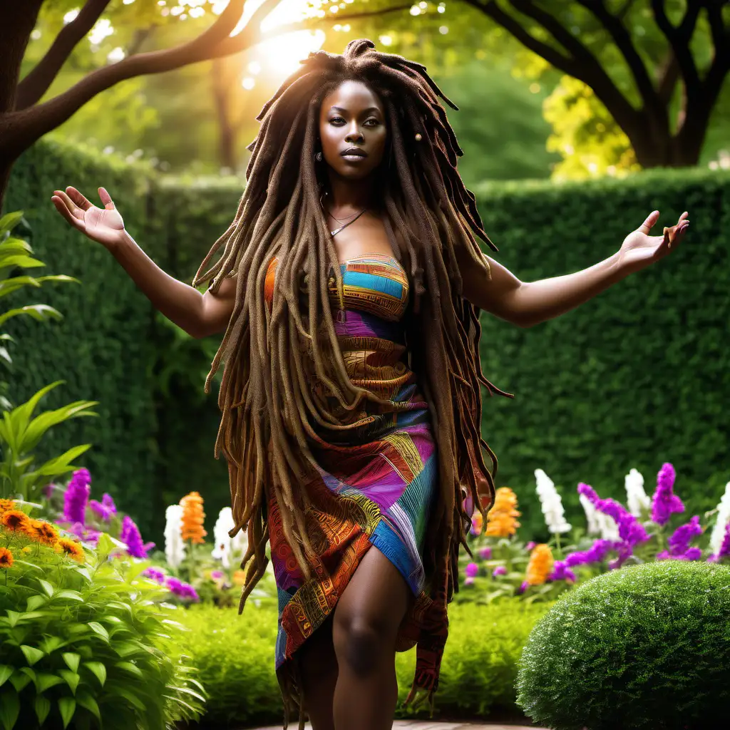 I understand that you would like me to describe a picture featuring an African-American individual with a beautiful body sculpture and dreadlocks, standing in a garden. Here is the description:  In this captivating picture, the vibrant colors of nature come alive as the sun casts its warm glow upon a lush garden. The garden is abundant with blooming flowers, tall swaying trees, and winding pathways, creating a serene and peaceful atmosphere.  Standing tall and confident amidst this natural beauty is a remarkable African-American individual. Their body sculpture is a testament to strength and grace, with each muscle defined and sculpted. Their skin, rich and radiant, is a beautiful shade of brown that harmonizes perfectly with the vibrant surroundings.  Adorning their head are stunning dreadlocks, cascading in thick, lustrous waves. The dreadlocks, a symbol of cultural heritage and personal expression, add an element of uniqueness and individuality to their appearance.  With their eyes open, the person stands in a contemplative pose, seemingly absorbing the positive energy emanating from the garden. They are dressed in a flowing garment, its fabric gently rustling in the breeze, reflecting the natural elements around them.  As the picture captures this breathtaking moment in time, one cannot help but feel inspired by the harmony between the individual, the garden, and the beauty of African-American culture. It is a celebration of identity, strength, and connection to nature, inviting viewers to appreciate the diversity and beauty that exists in our world.