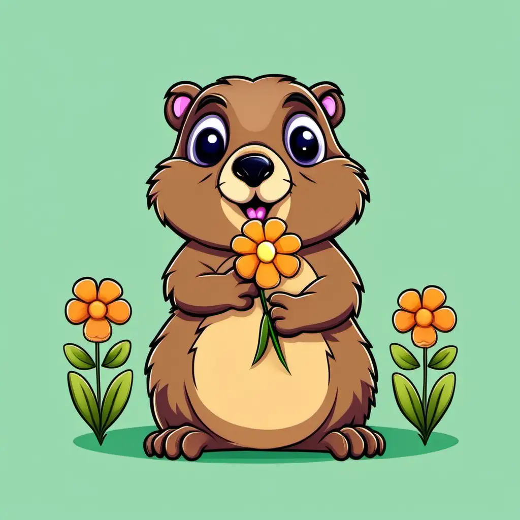 Adorable Groundhog Cartoon Holding a Flower Whimsical Wildlife Illustration