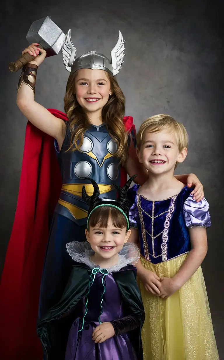 Photograph of a tall 9-year-old girl wearing a Thor costume, a cute 7-year-old little blonde boy wearing a Snow White Disney Princess dress, and a cute 5-year-old little brown haired boy wearing a Maleficent Disney Princess dress and headband, English, perfect children faces, perfect faces, smooth