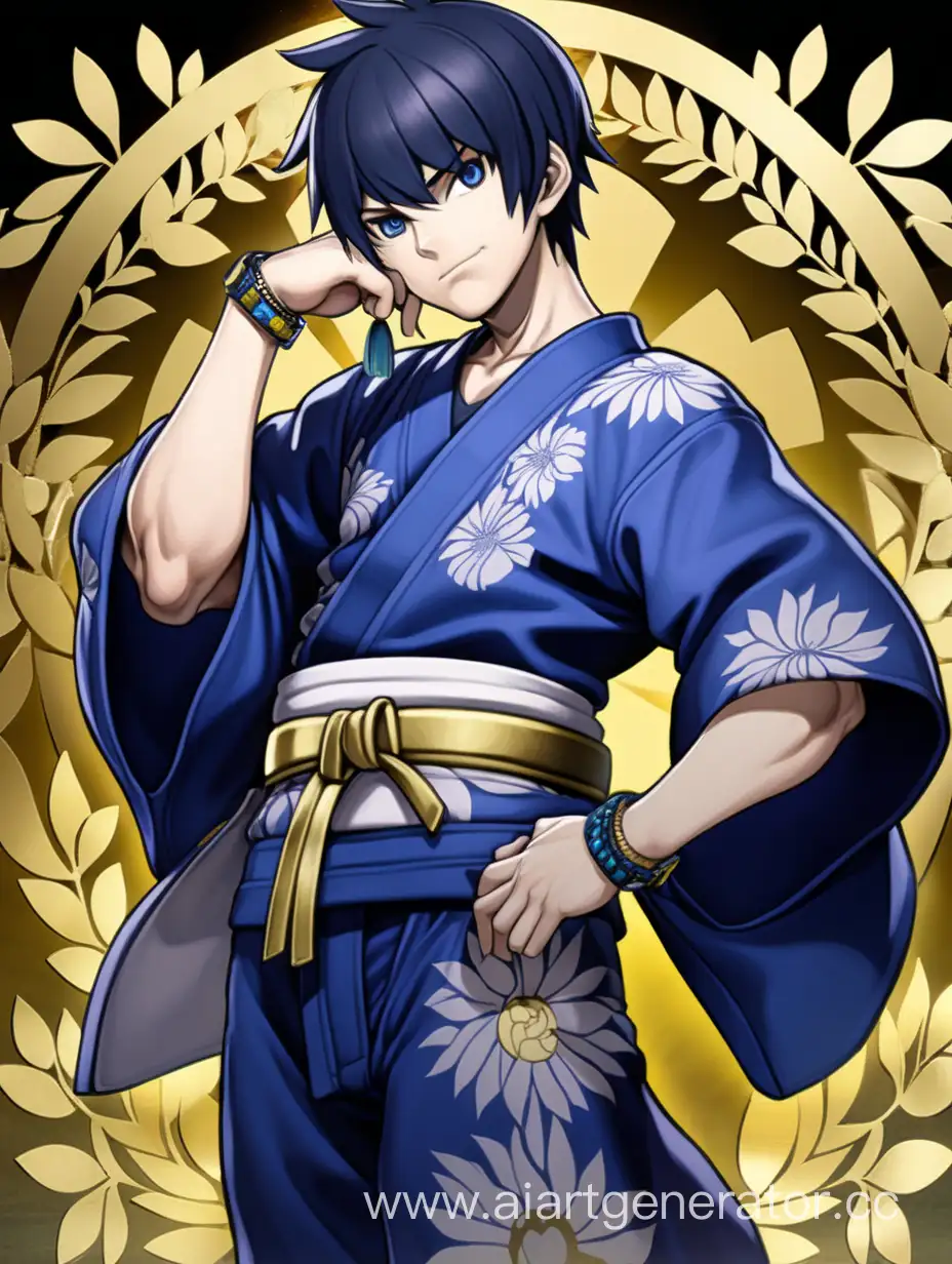 The "Absolute Critic" from the Danganronpa series of games. It's a man. He has short hair, dark blue hair. He is wearing a tight-fitting T-shirt and a blue kimono. There are a lot of gold jewelry on the clothes. There is a golden wreath on his head.