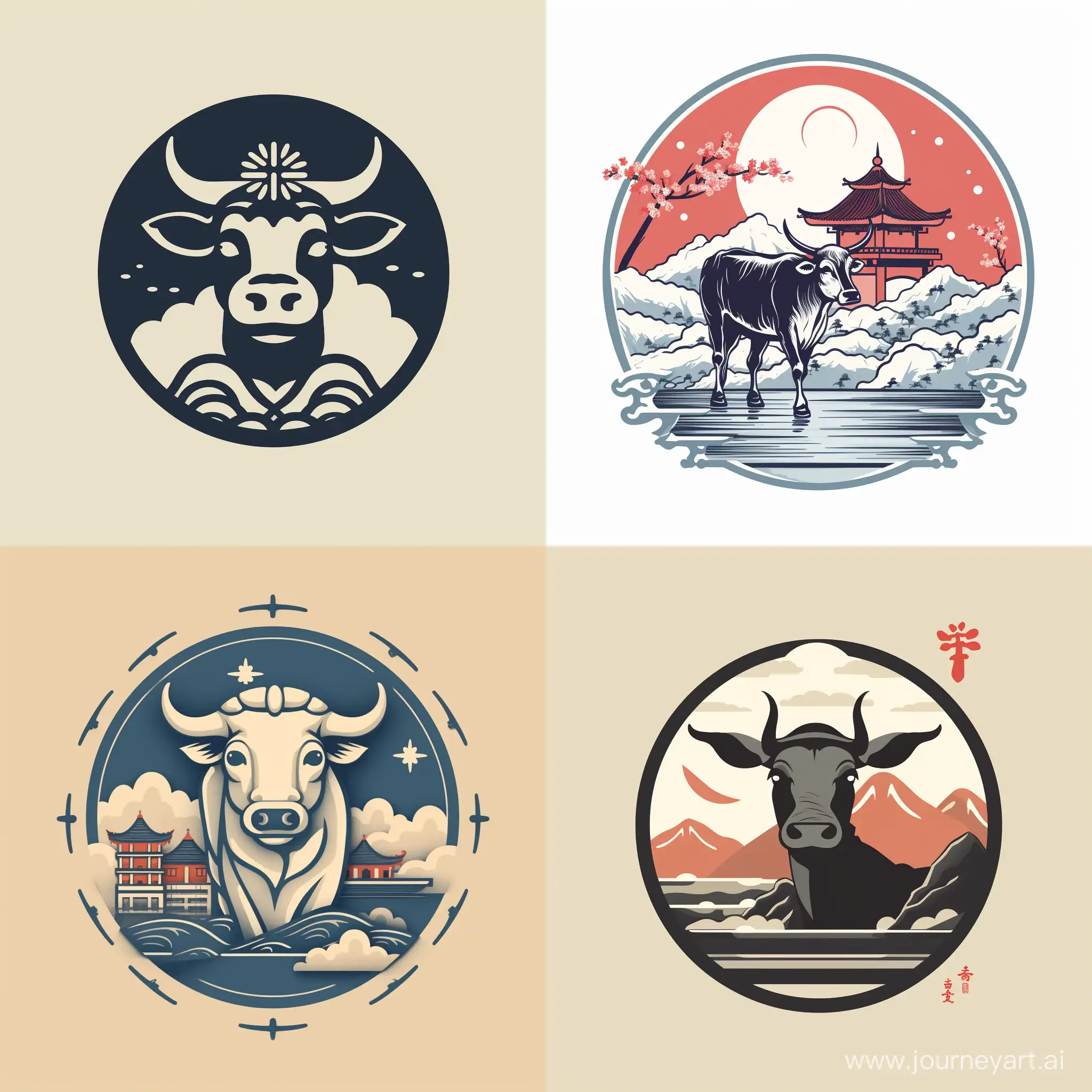 生成一个以奶牛为主题，元素为中国风，类型是icon，色调单一且简单