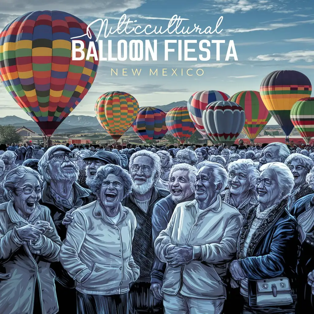 line art, balloon fiesta, new mexico, A cultural diversity of senior citizens, elderly, senior citizens, celebrating, laughing, smiling, hot air balloons, New Mexico atmosphere
